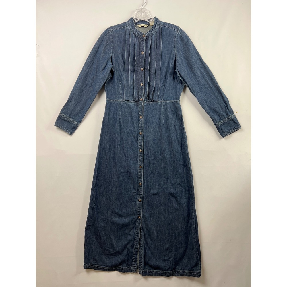 Eddie Bauer Denim Maxi Dress Womens Petite S Blue Pleated Button Front Cotton